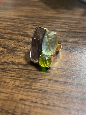 Gold Ring with Green, Light Blue and Smoky Gemstones